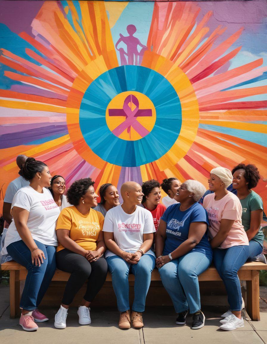 A diverse group of cancer warriors in a supportive circle, sharing stories and embracing each other with warmth and compassion. In the background, a colorful mural representing strength, hope, and advocacy. Soft natural light streaming in, creating a serene and uplifting atmosphere. The image highlights inclusivity and community spirit. vibrant colors. super-realistic. 